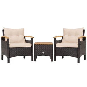Patiojoy 3PCS Patio Rattan Furniture Set Wooden Armrest Table Top Cushioned Deck - Picture 1 of 10