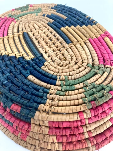 Vintage Hand Woven Coil Basket Oval Shallow 10" x 8" Blue Pink Green Dyed Grass Cover