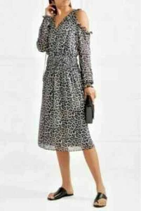Michael Kors Dress Size XS Cold Shoulder Midi Long Sleeves V-Neck Black Grey - Picture 1 of 24