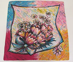 VINTAGE 1960s 70s MOD SILK SCARF FLOWERS LARGE - Picture 1 of 1