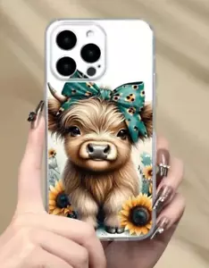 SUNFLOWERS Highland Cow Green Bow Phone Case iPhone 16 Plus Pro Max So Cute! - Picture 1 of 7