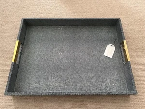 American Atelier Deep Blue Gray Faux Shagreen Decorative Tray with Gold Handles - Picture 1 of 4