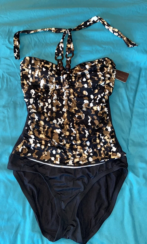 Traje de baño de una pieza fruncido con halter de cuentas de madera Dana Buchman 8 (14) Foto 1 de 1