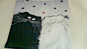Whimsey Black/White Cat Pillow Cover 17" x 17" Zipper Open Burlap Style Fabric - Picture 1 of 6
