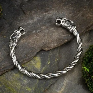 Men Vintage Wolf Head Viking Stainless Steel Arm Bangle Open Cuff Bracelet 7.5IN - Picture 1 of 4
