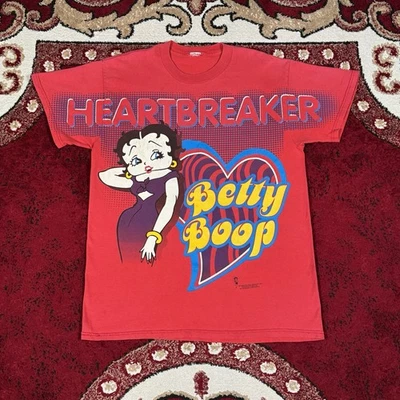Vintage 90s Betty Boop Heartbreaker Big Print Faded Red T Shirt Size L 1998 - Image 1 of 4