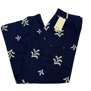Pantalones Elie Tahari Mujer 6 Azul Lino Blanco Palmera Bordados Pierna Ancha Resort - Imagen 1 de 9