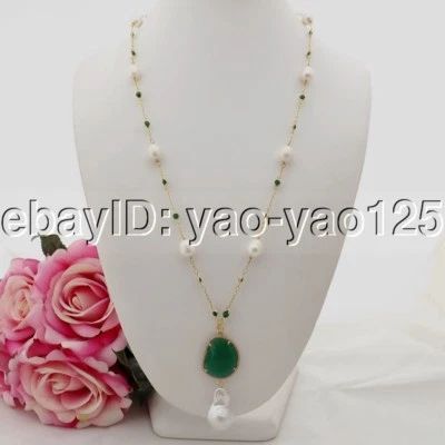 K090606 26"" Blanco Arroz Perla Verde Cristal Cadena Collar Perla Keshi Colgante Foto 1 de 4