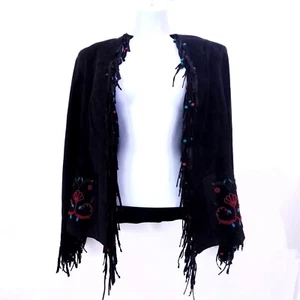 Double D Ranch Beaded Fringe Suede Jacket Womens Small Black Western Boho Open - Picture 1 of 14