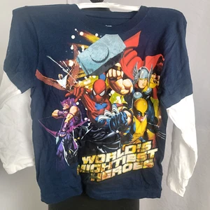 Marvel Heroes Boy's Blue White Shirt New Size 7 Long Sleeve Thor Spider-Man - Picture 1 of 2
