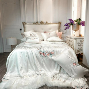 Luxury 4/7Pcs Embroidery White Duvet Cover Set 600TC Tencel Silk Bed Sheet 
