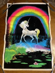 Vintage 1980 Unicorn In Paradise Funky 23”x35” Flocked Blacklight Poster USA 939 - Picture 1 of 24