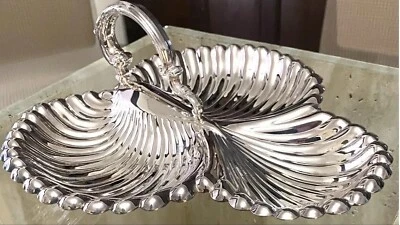 Lunt Plateros Vintage Plato de Plata 1960 Bandeja de 3 Piezas con Mango de Almeja Foto 1 de 4