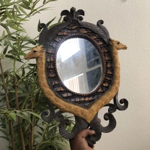 RARE Boho Safari Carved Giraffe Animal Wall Mirror Frame Resin Carved Wood Home - Picture 1 of 4