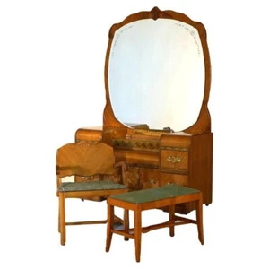 Vintage Waterfall Carved Satinwood Dressing Table with Bakelite Handles c1940 - Picture 1 of 20