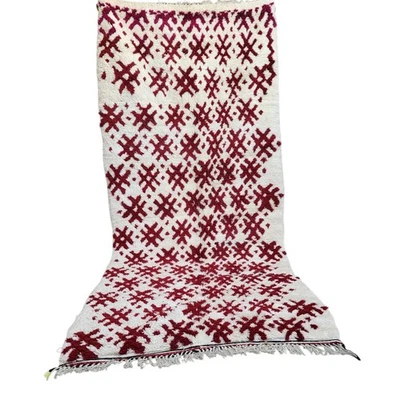 Vibrant Handmade Moroccan Wool Rug Red Diamonds Berber Tribal Fringe Carpet 9x4 - Image 1 of 4