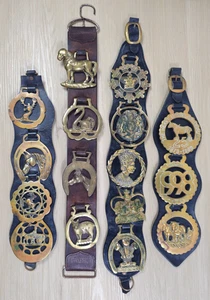 Vintage Horse Brass Leather Straps x4 Antique Horse Brasses 16 Medallions - Picture 1 of 23