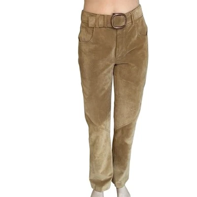 Vintage 2000s Y2K Leather Pants Tan Belted DKNY Mini Bootcut Flare Size 6 Small - Image 1 of 4