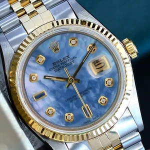 ROLEX MENS DATEJUST WATCH GOLD & STEEL BLUE DIAL FLUTED BEZEL 36MM WITH PAPERS - Picture 1 of 20