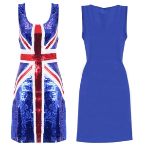 LADIES UNION JACK SEQUIN DRESS ROYAL POP STAR GREAT BRITAIN COSTUME FANCY DRESS - Picture 1 of 7