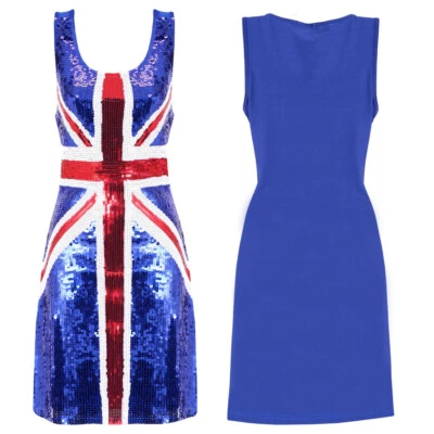 LADIES UNION JACK SEQUIN DRESS VE DAY POP STAR GREAT BRITAIN COSTUME FANCY DRESS - Image 1 of 4