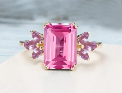 Pink Sapphire Anniversary Ring 925 solid silver Ring 14K Yellow and White Gold - Image 1 of 4