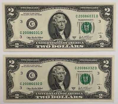2003A $2 Dollar Bills - 2 UNC "C" notes CON serials start 2008 - ONLY 10K print  - Image 1 of 2