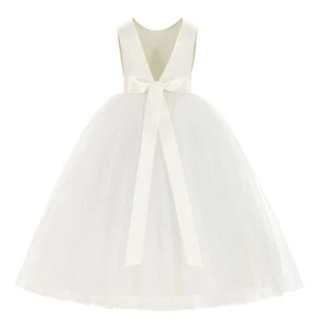 Wedding V-Back Satin Flower Girl Dress Rhinestone Satin Dress Backless Dresses - Picture 1 of 15
