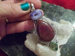 HERMOSO COLGANTE DE PLATA NUEVO 3 1/4" AMATISTA VERDE JASPE Y JOYERÍA DRUZY - Imagen 1 de 2