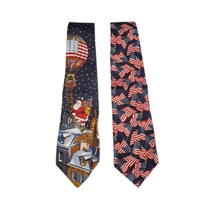 2/Lot Patriotic Neck Tie American Flag Santa Clause Christmas Independence Day - Picture 1 of 4