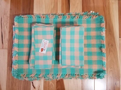 FIESTA BISTRO CHECKS CLOTH PLACEMATS AND NAPKINS - Aqua & Peach - Discontinued - Image 1 of 4