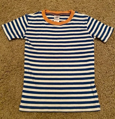 Mini Boden Boys Youth Kids 7 Year 7Y navy white orange stripe short sleeve shirt - Image 1 of 4