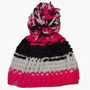 Obermeyer Pom Beanie Hat Hand Knit Pink Black Teens OS - Picture 1 of 6