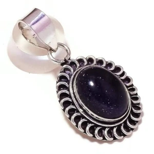 Blue Goldstone Cabochon Gemstone Silver Overlay Handmade Oxidised Pendant A5149 - Picture 1 of 3
