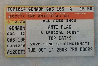 Anti-Flag Special Guest Oct 14 2003 Cincinnati Ohio Ticket Stub Top Cat's  - Image 1 of 2