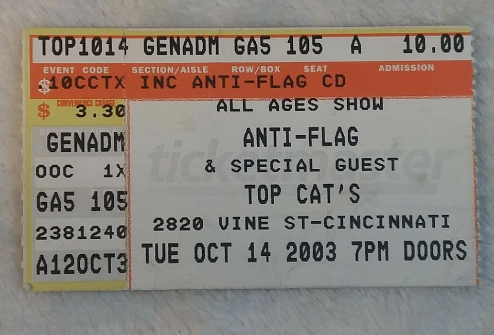 Anti-Flag Special Guest Oct 14 2003 Cincinnati Ohio Ticket Stub Top Cat's  - Image 1 of 2