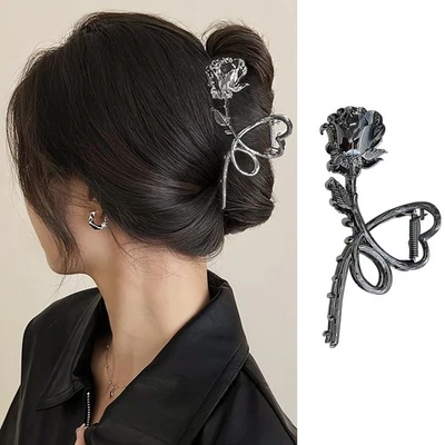 Metal Gunmetal Black Rose Hair Claw Clips - Large Heart Non-Slip Jaw Clips fo... - Image 1 of 4