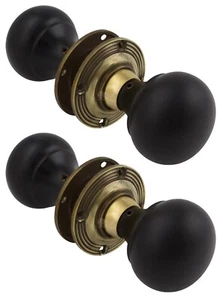 2 Pairs of Black Ebonised Wooden Round Bun Door Knobs Aged Brass Hard Wood Rim - Picture 1 of 10