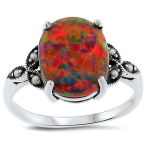VICTORIA ANTIQUE STYLE 925 STERLING SILVER LAB RED FIRE OPAL & PEARL RING 157z - Picture 1 of 4