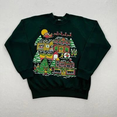 Sudadera Vintage Navidad Talla Pequeña Verde Cuello Redondo Holiday Town Trees Santa Foto 1 de 4