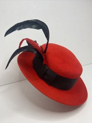 Vintage Frank Olive Private Collection Tally Ho Red Genuine Velour Feathered Hat - Image 1 of 4