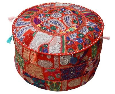 22" Round Patchwork Handmade Ottoman Pouf Seat/Bean Bag/Pouffe Cover Red - Image 1 of 4
