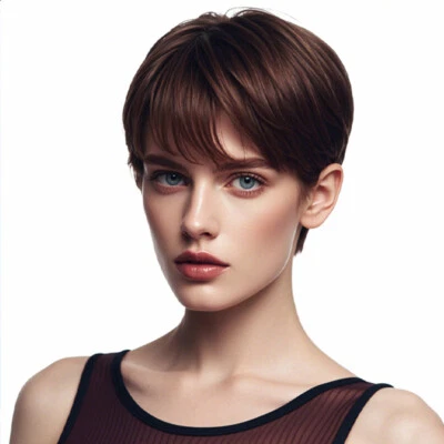 Pixie Dark Brown Human Hair Wigs Short Straight Brown No Lace Glueless Wigs Soft - Image 1 of 4