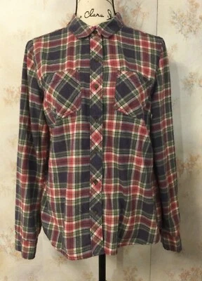 GIRL KRAZY M Long Sleeve Classic Fit Blue Burgundy Green Plaid Flannel Shirt - Image 1 of 4