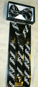 Black White MUSICAL NOTES PIANO KEYS Suspenders and matching Bowtie Bow Tie-New! - Picture 1 of 3