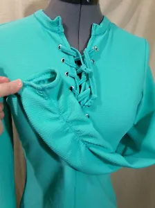 New Lace Up Henley T-shirt Top XS Mint Green Bullet texture fabric Ruched sleeve - Picture 1 of 6