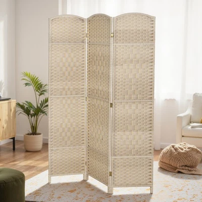 3 Panel Room Divider Hand-Woven Freestanding Partition, Washed Oak - Image 1 of 4