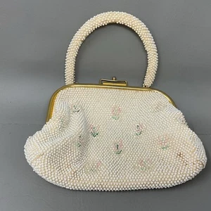 Vintage Corde Bead Lumured Reversible Beaded Handbag Purse Ivory Floral Gold - Picture 1 of 8