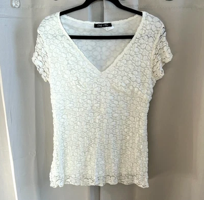 Vtg Only Nine Top Large White Babydoll Coquette Floral Lined Stretch Y2K 17341 - Image 1 of 4