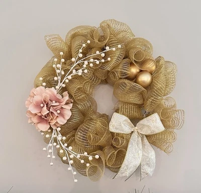 Gold Mesh Hydrangea Wreath Cream Poinsettia Bow Holiday Wreath Designer Inspired - Image 1 of 4